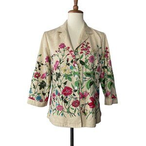 Silkland Silk Jacket 100% Silk Cream Women's Size M Colorful Floral Beaded